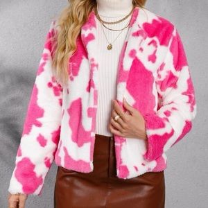 Shein pink and white cow-print coat